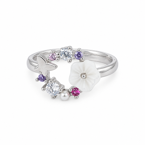 Blossom Fairy 925 silver ring with mother-of-pearl flower, butterfly and colourful stones on white background
