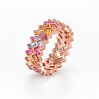 Second angle: Angled view of Regal Prism rose gold-tone ring showing its multicolour baguette stone mosaic