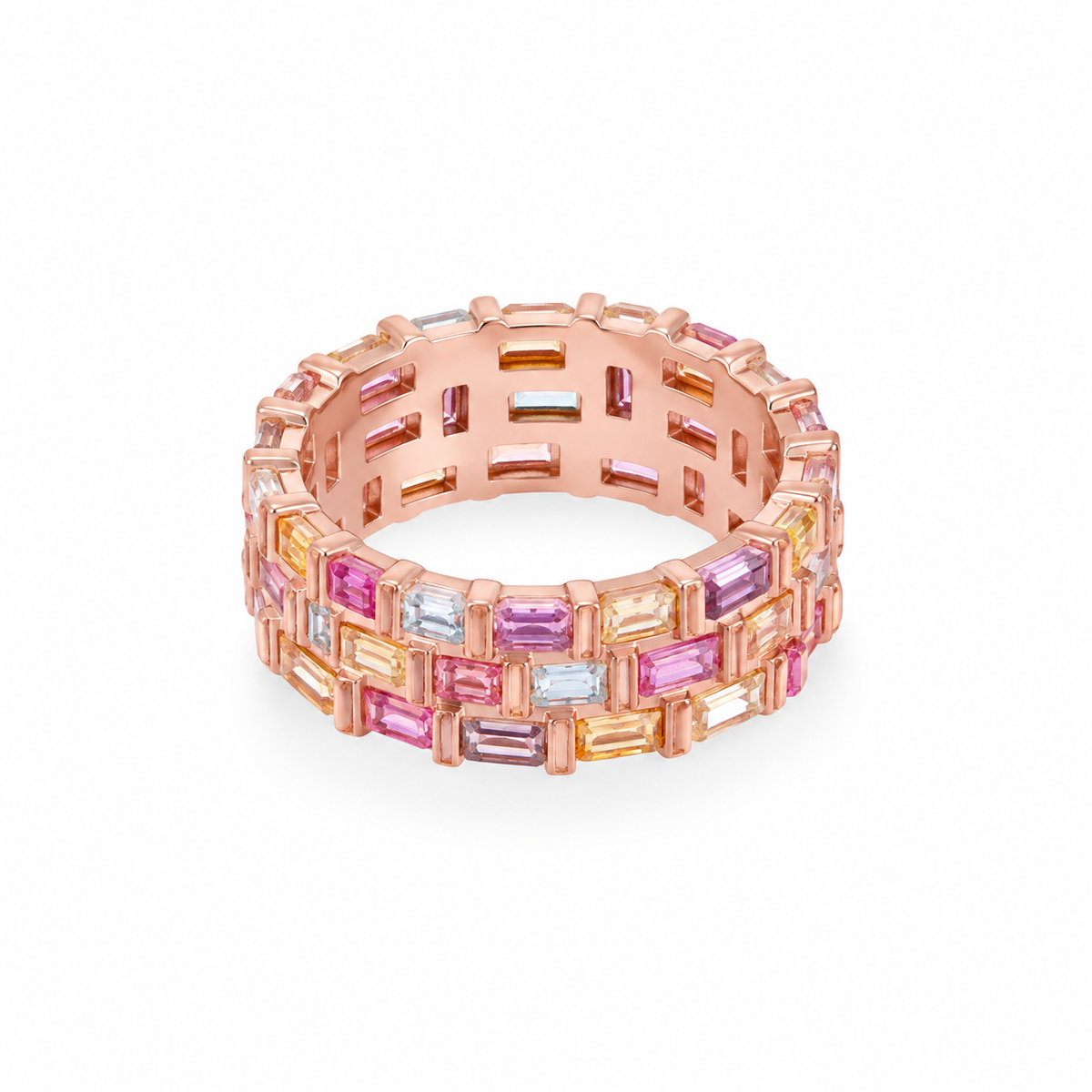 Close-up image: Close-up of pink, purple, blue, yellow and clear baguette stones on Regal Prism ring