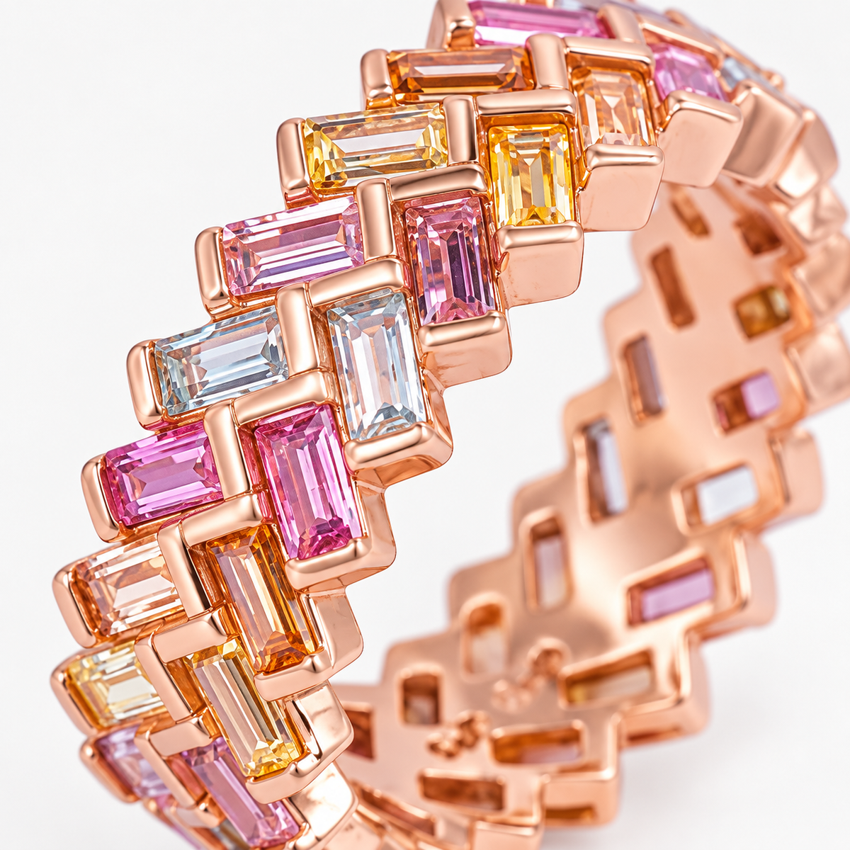 Band-detail image: Interior view of Regal Prism fixed-size ring showing its open geometric stone settings