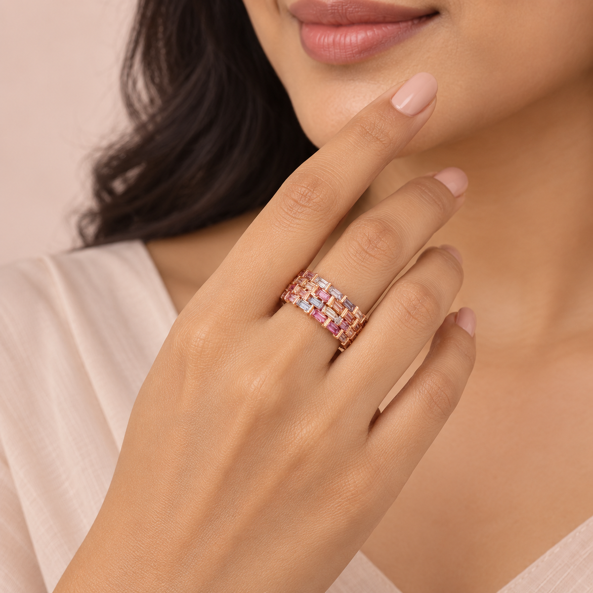 Model image: Woman wearing Regal Prism multicolour baguette ring showing its actual statement size
