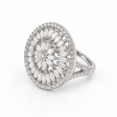 Close-up image: Close-up of layered marquise-shaped stones and round stone halo on Aurelia Petal Halo ring