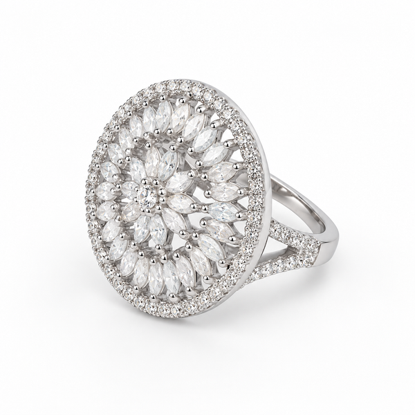 Close-up image: Close-up of layered marquise-shaped stones and round stone halo on Aurelia Petal Halo ring