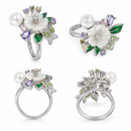 Band detail: Multiple views of Enchanted Garden Pearl Ring showing its fixed silver band and raised botanical setting