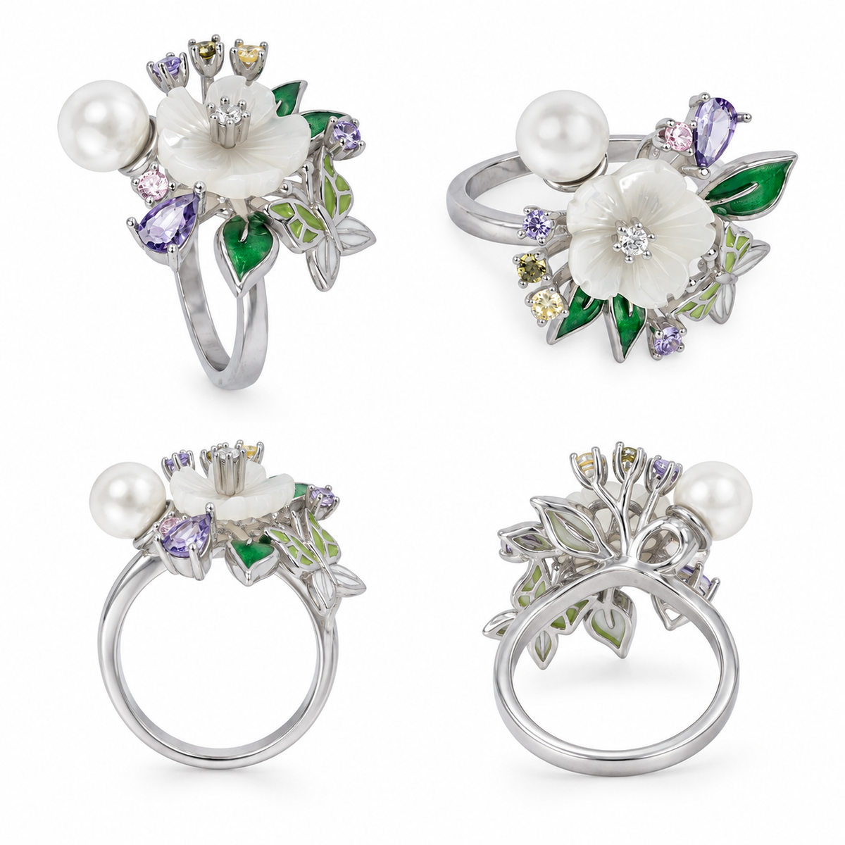 Band detail: Multiple views of Enchanted Garden Pearl Ring showing its fixed silver band and raised botanical setting