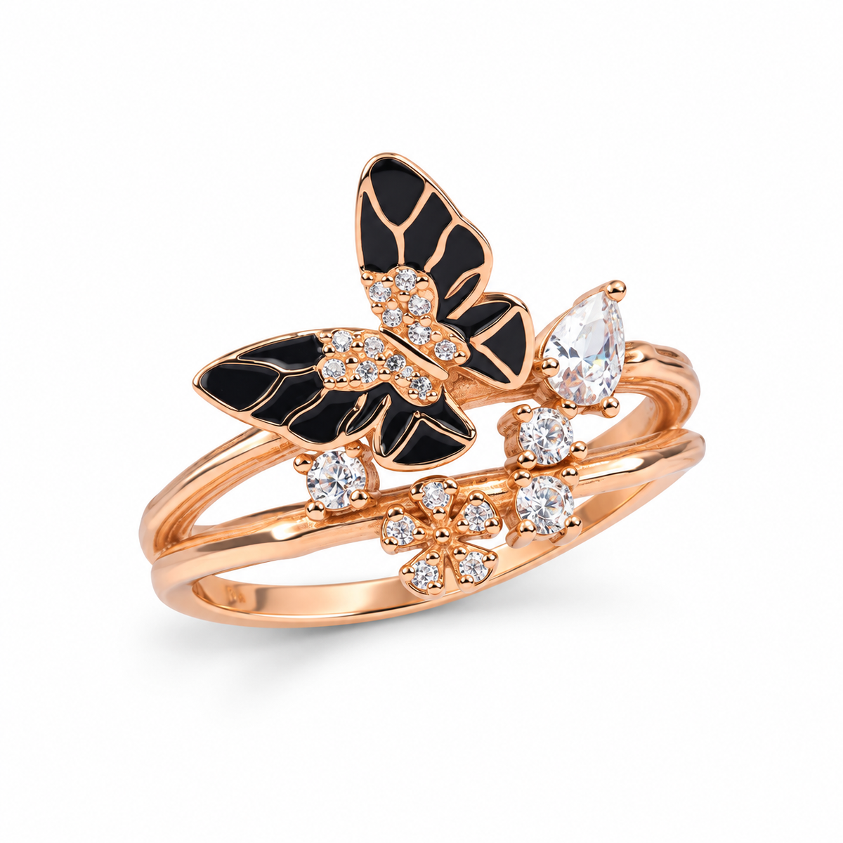 Second angle: Angled view of black enamel butterfly ring with pear-cut clear stone and floral accents