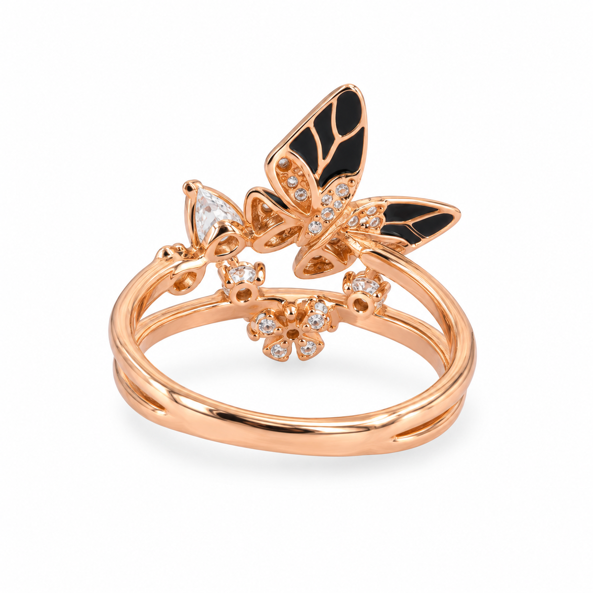 Band detail: Rear view of Midnight Bloom Butterfly Ring showing its fixed split band and stone settings
