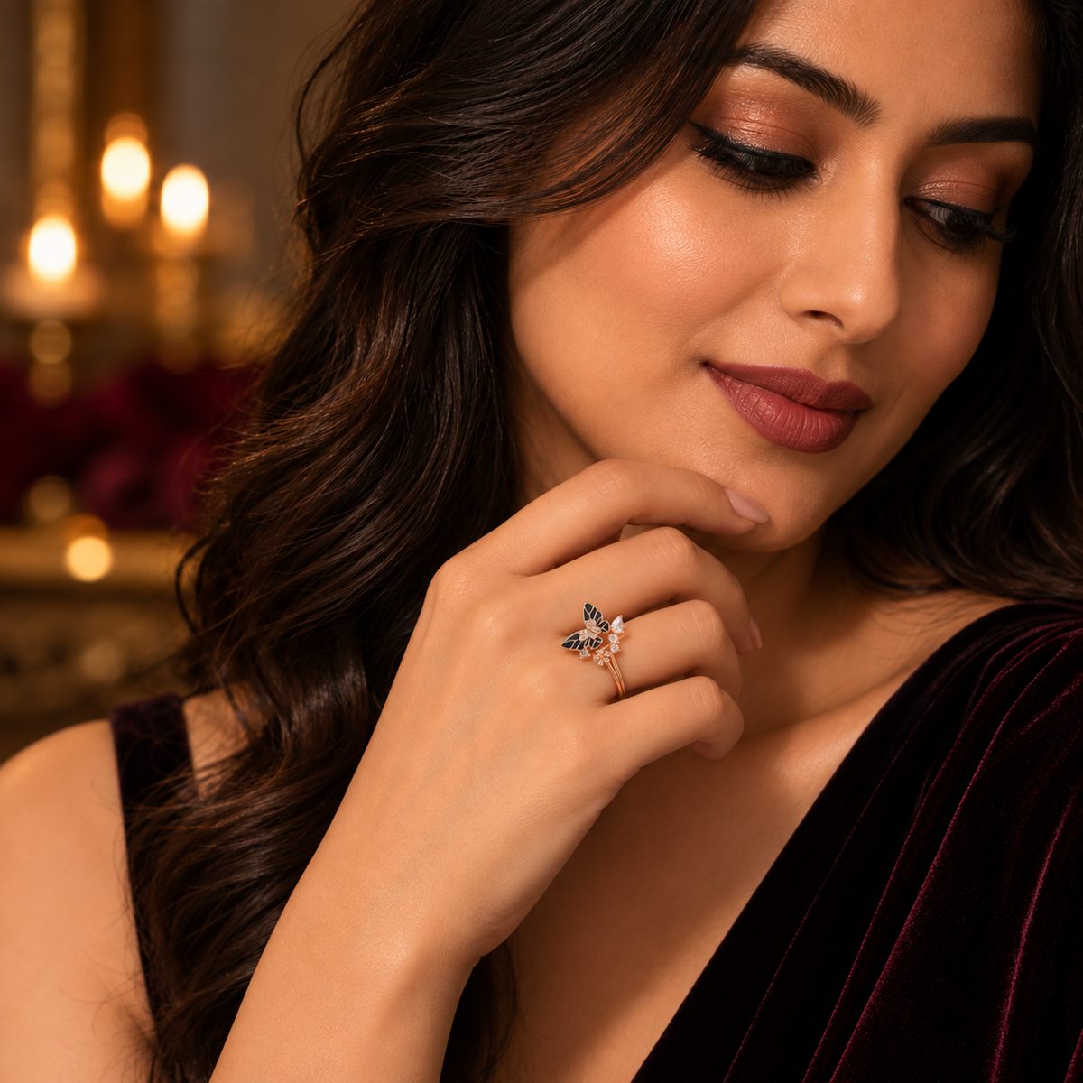 Lifestyle image: Indian woman styling the Midnight Bloom Butterfly Ring with a deep wine evening outfit