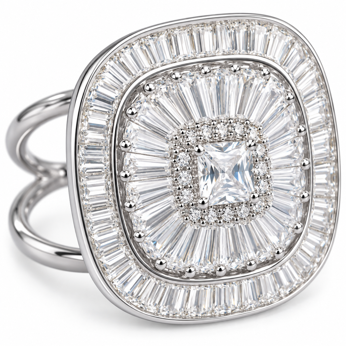 Close-up: Close-up of square centre stone and radiating baguette-cut clear stones on Regal Prism statement ring