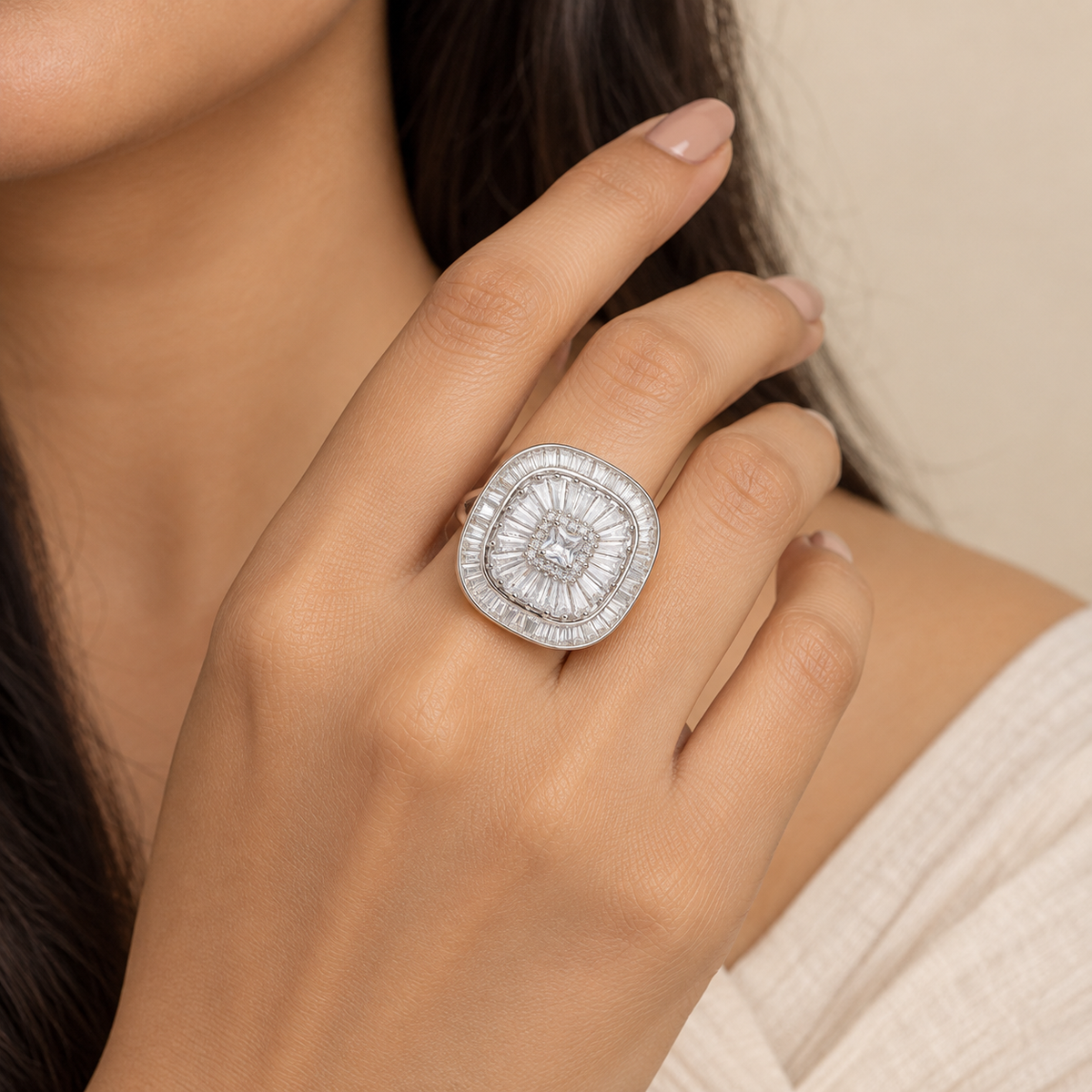 Model image: Woman wearing Regal Prism silver statement ring showing its actual size and fit