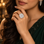 Lifestyle image: Indian woman styling Regal Prism silver statement ring with an elegant deep emerald outfit