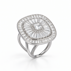 Second angle: Angled view of Regal Prism silver ring showing its layered rounded-square face and double-loop band