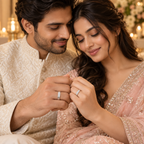 Lifestyle image: Indian couple in ivory and blush festive outfits wearing matching silver rings