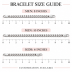 Silver bracelet size guide showing 8 and 10 inches for men and 6 inches for kids
