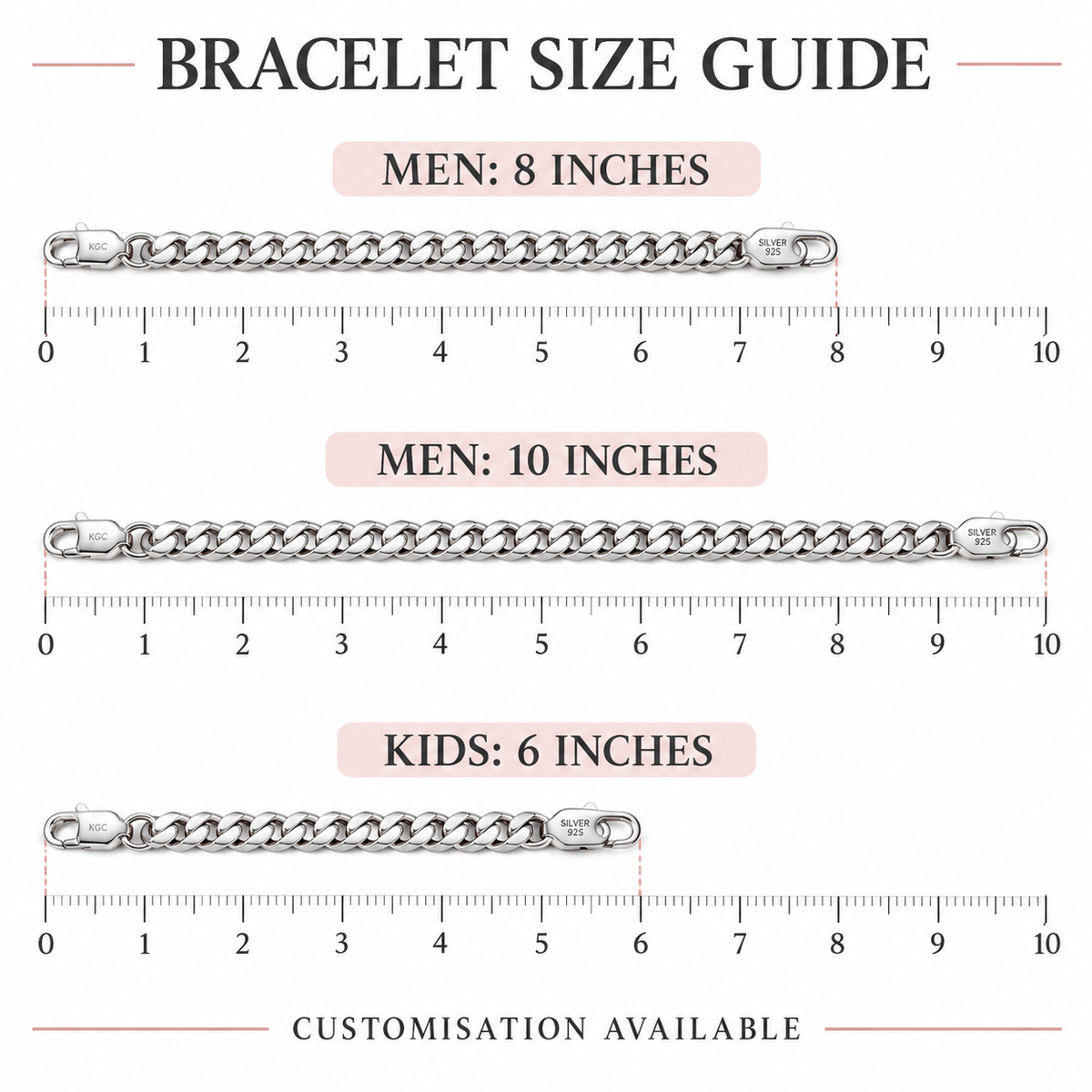 Silver bracelet size guide showing 8 and 10 inches for men and 6 inches for kids
