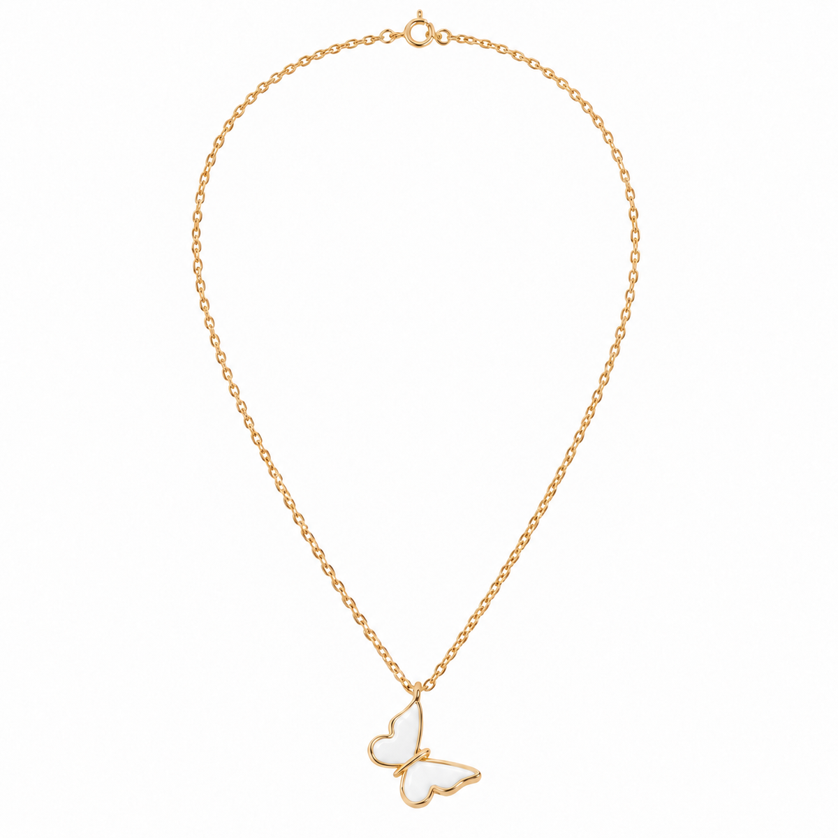 Gold-tone white butterfly pendant chain on a clean white background  
