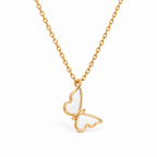 Side view of gold-tone butterfly pendant with white enamel wings