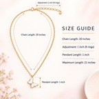 Butterfly pendant chain size guide showing 20 inch chain, 3 inch extension and 1 inch pendant