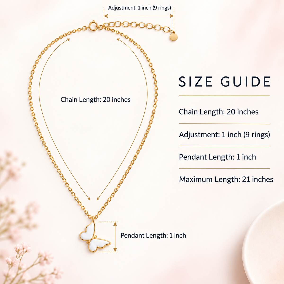 Butterfly pendant chain size guide showing 20 inch chain, 3 inch extension and 1 inch pendant