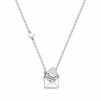 A silver chain necklace featuring a small heart-shaped charm and an open envelope pendant engraved with 'friends forever' and small heart details, shown on a plain white background.