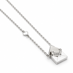 A silver chain necklace featuring a small heart charm and a triangular envelope pendant engraved with the words 'friends forever' in black script, shown on a plain white background.