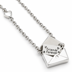 A silver chain necklace featuring a geometric pendant shaped like an open envelope, with a smaller tag inside that reads 'friends forever' in black lettering, shown on a plain white background.
