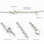 Silver chain necklace with a lobster clasp, adjustable 9-ring clasp, and a small heart charm, shown with labeled close-up detail panels on a white background.