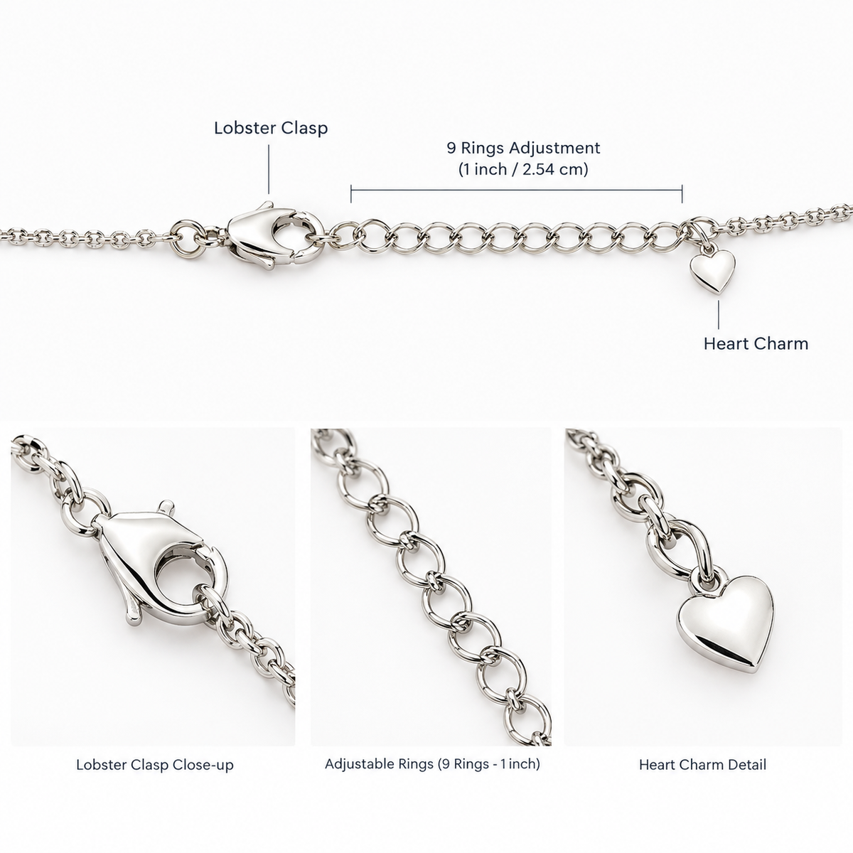 Silver chain necklace with a lobster clasp, adjustable 9-ring clasp, and a small heart charm, shown with labeled close-up detail panels on a white background.