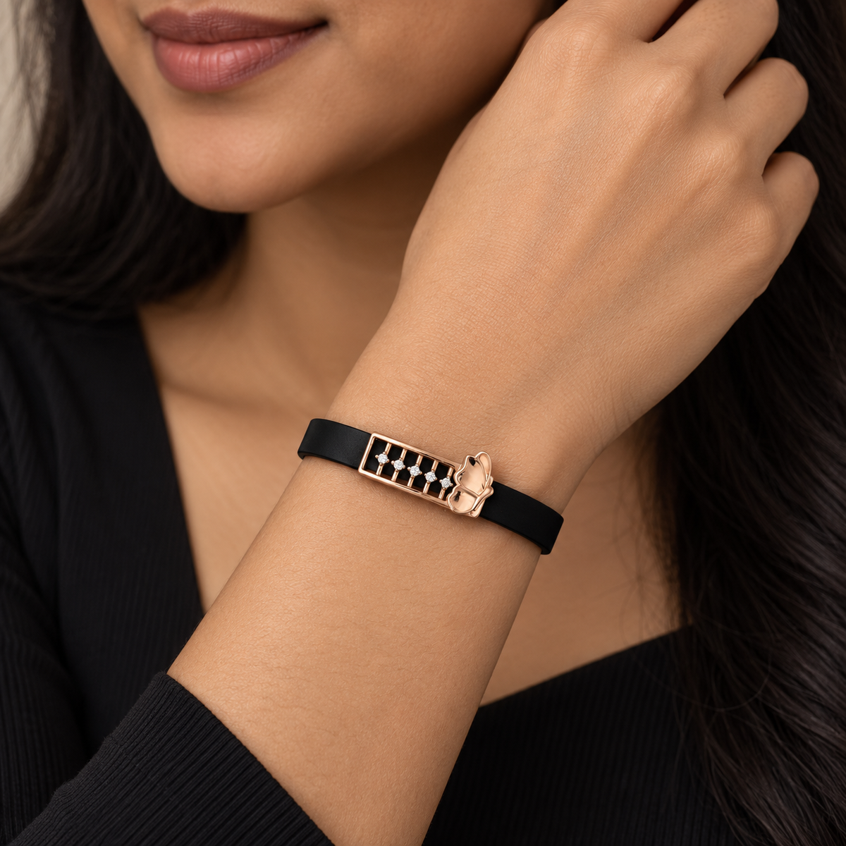 Papillon Charm Black Strap Silver Bracelet