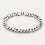 Curb link silver bracelet shown from a 45-degree angle