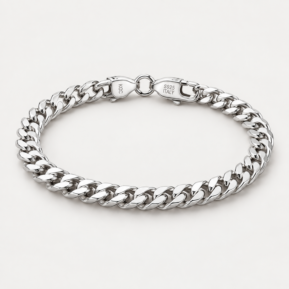 Curb link silver bracelet shown from a 45-degree angle