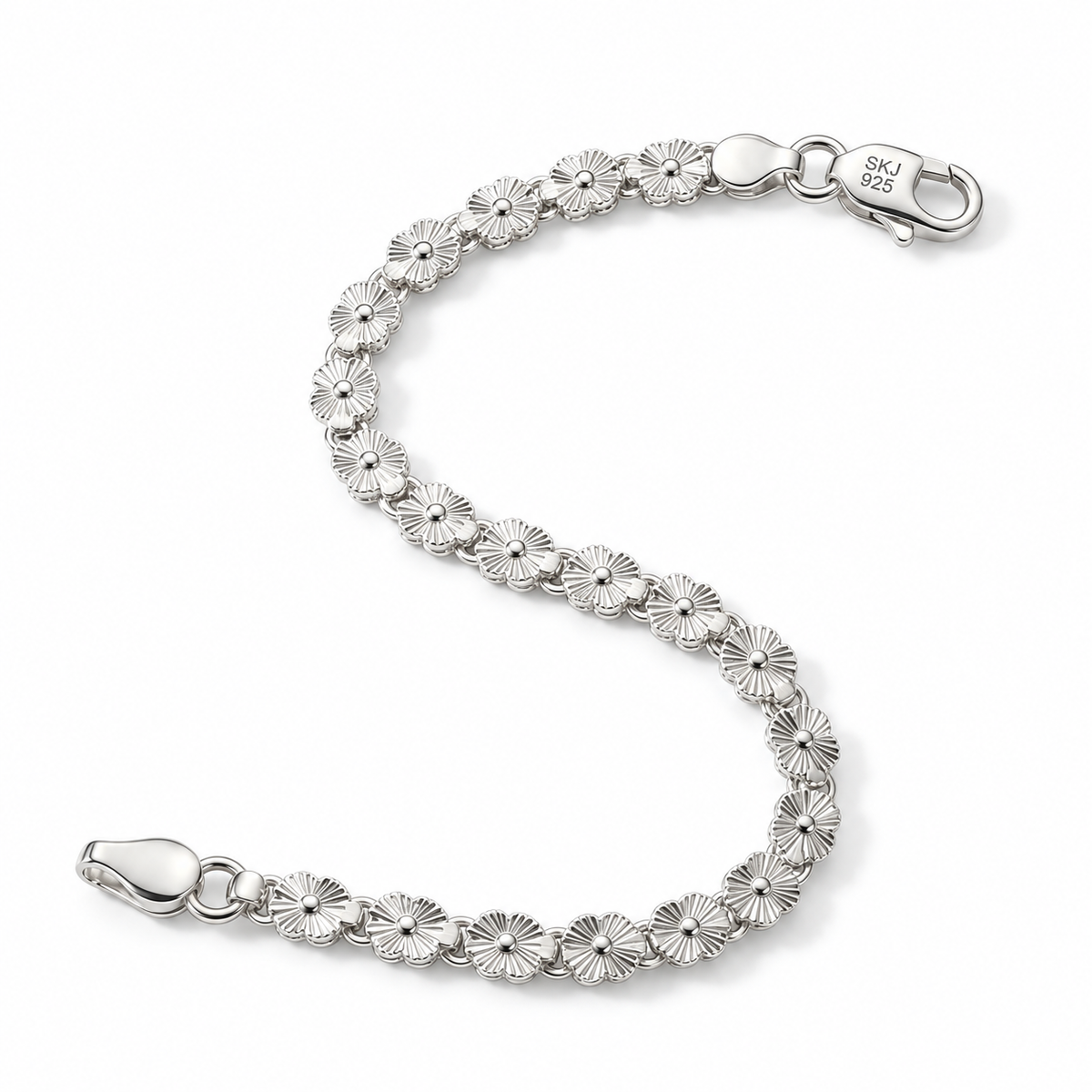 Primary image: Floral link 925 sterling silver bracelet on a clean white background  