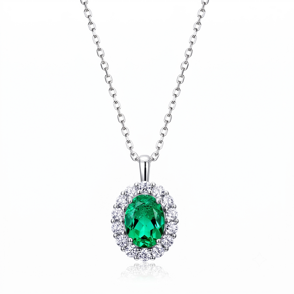 Oval Emerald Halo Necklace
