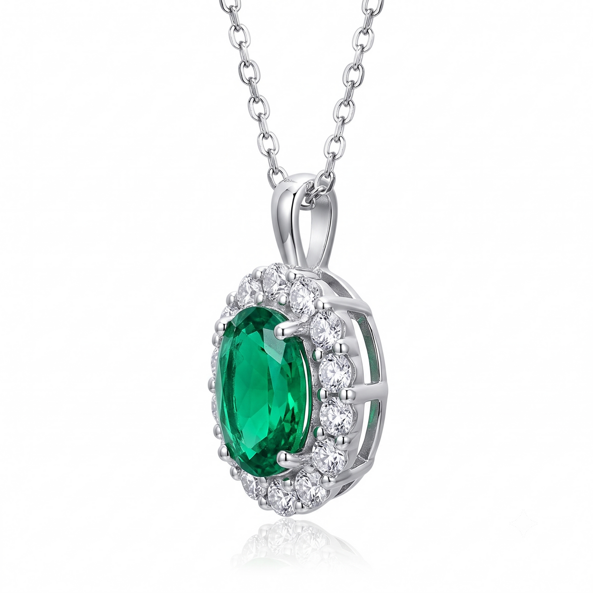 Oval Emerald Halo Necklace