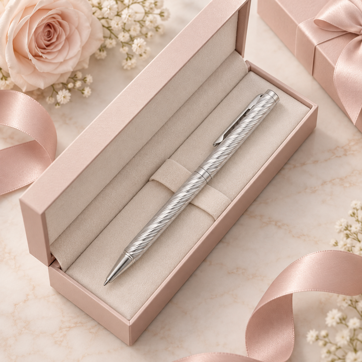 925 sterling silver ball pen displayed in an elegant gift box