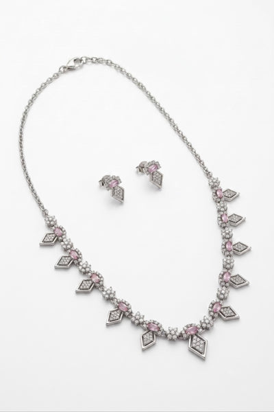 Rosea Pink Crystal Geo Silver Jewellery Set