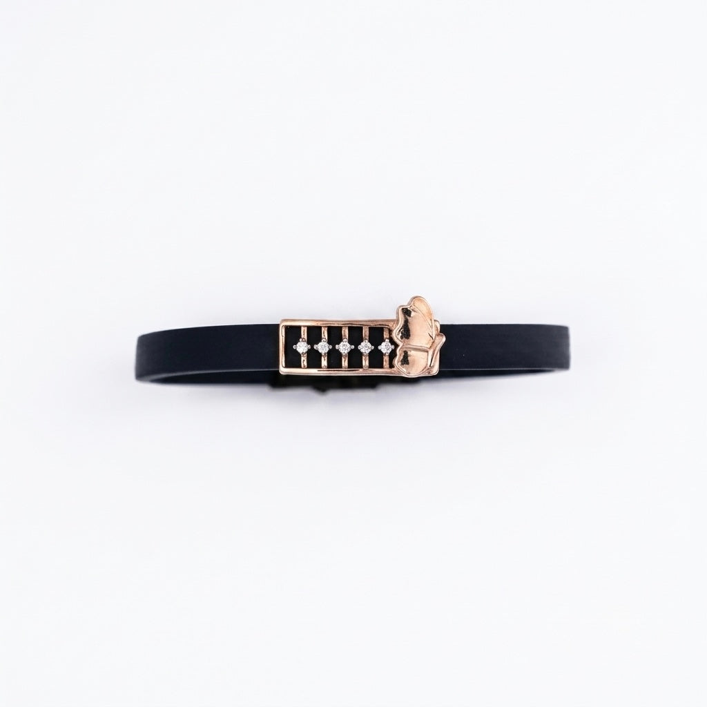 Papillon Charm Black Strap Silver Bracelet