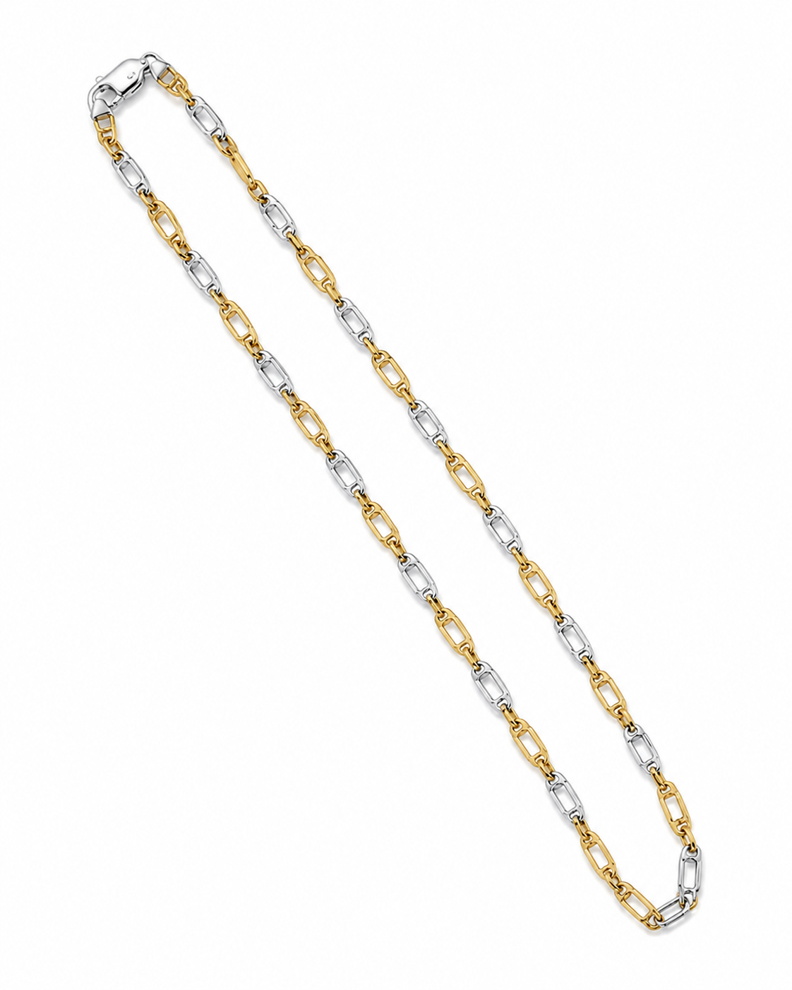 A two-tone chain necklace featuring alternating gold and silver oval links, displayed diagonally on a clean white background.