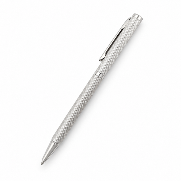 Crosshatch-textured 925 sterling silver ball pen on a white background