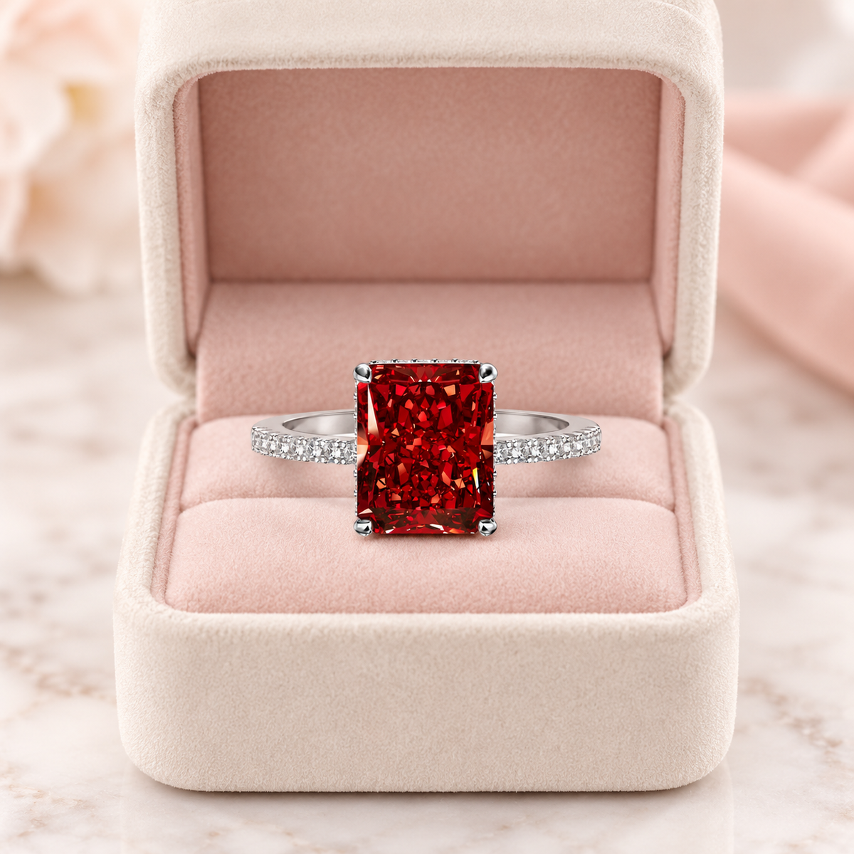 Scarlet Majesty Ring displayed inside an elegant blush jewellery box