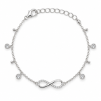 Side-angle view of silver infinity bracelet with stone charms
