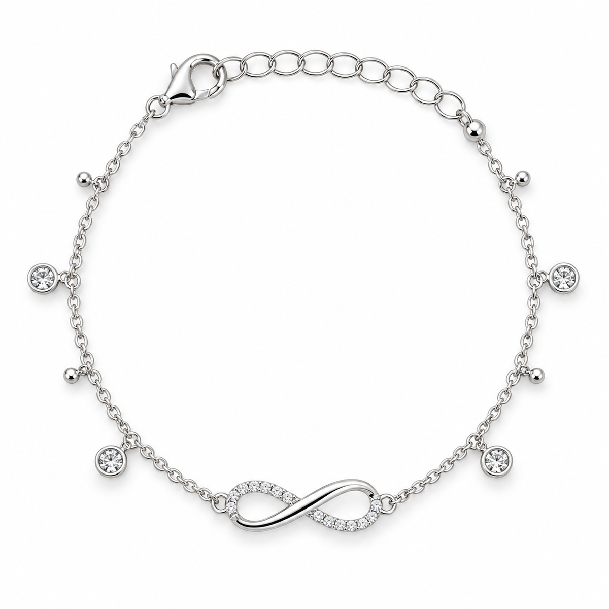 Side-angle view of silver infinity bracelet with stone charms
