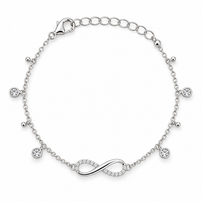 Side-angle view of silver infinity bracelet with stone charms
