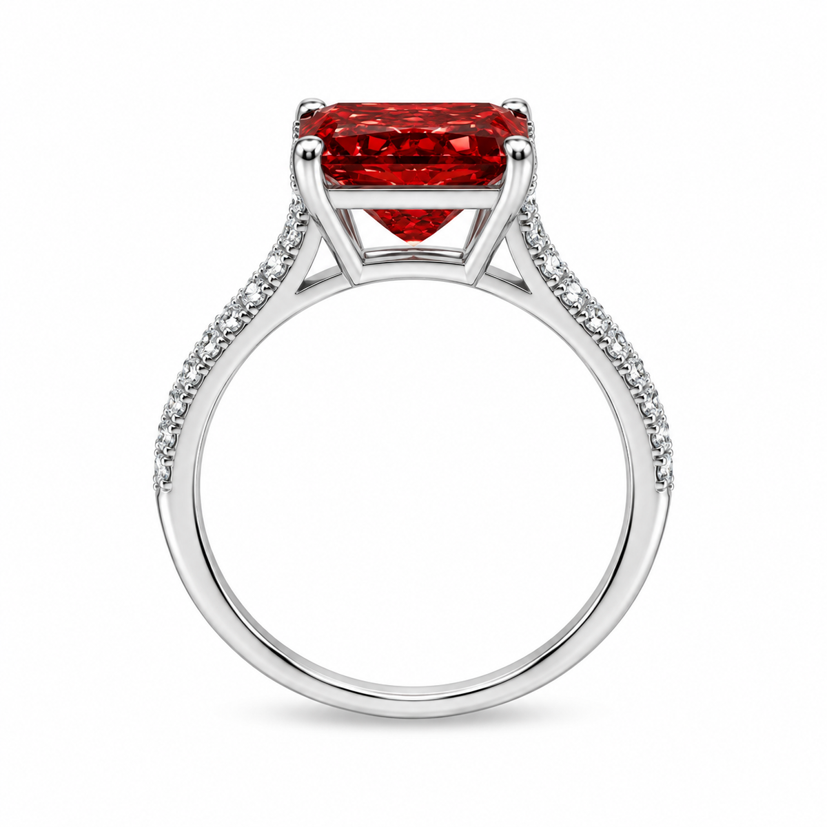Side profile of Scarlet Majesty Ring showing raised stone setting and slim silver band