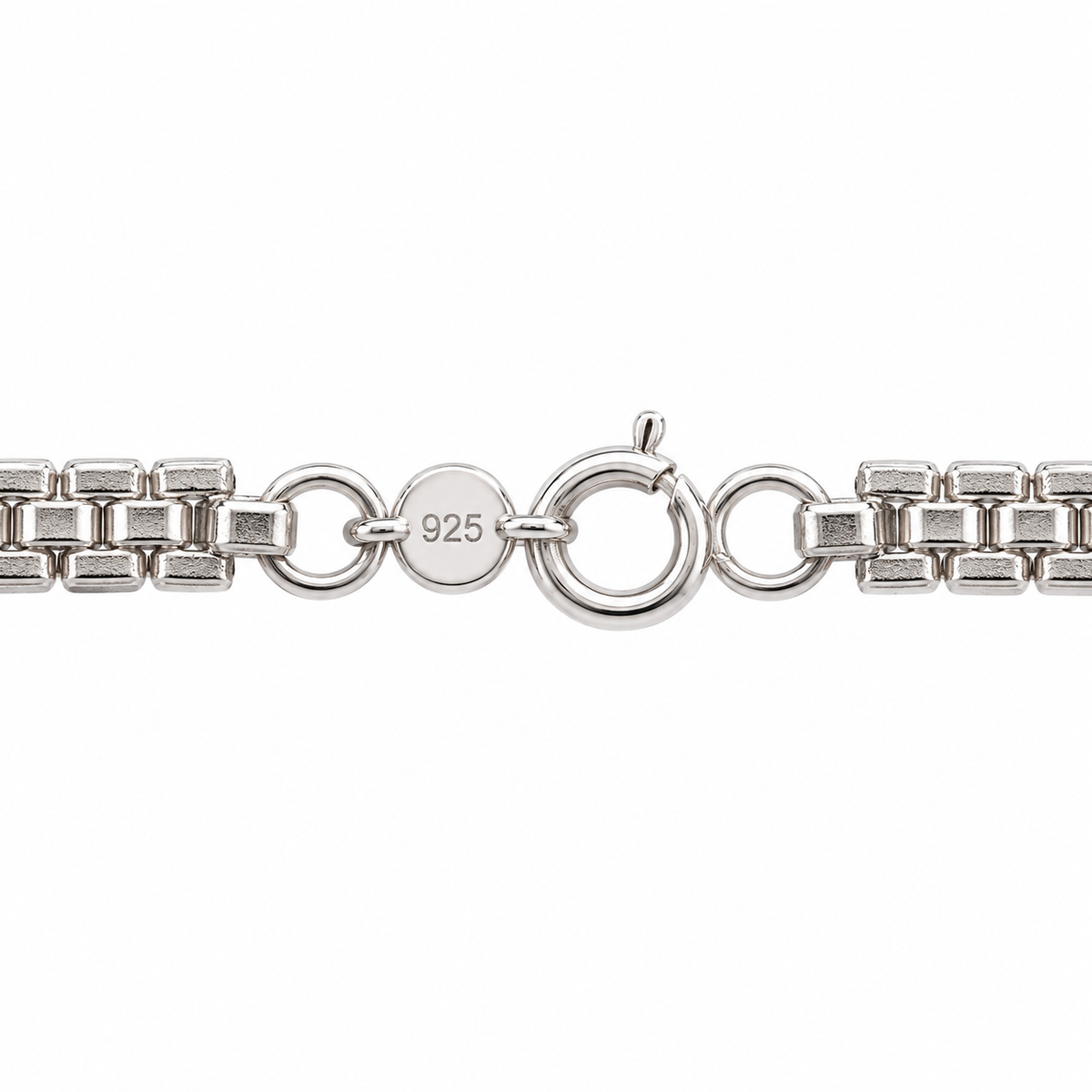 Close-up of a silver box chain bracelet showing the clasp with a 925 sterling silver hallmark on a plain white background.
