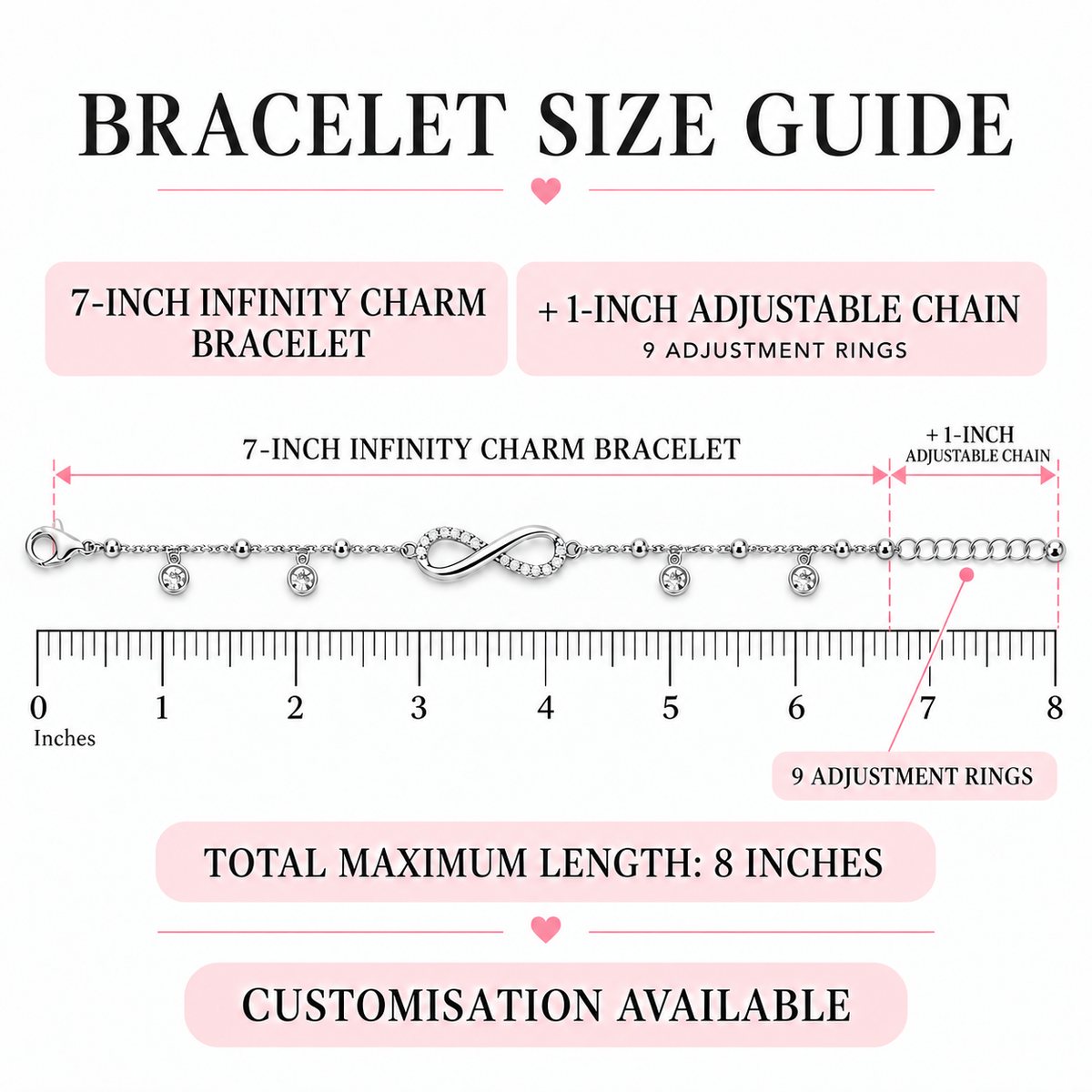 Seven-inch bracelet with one-inch adjustable Bracelet size guide