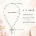 Silver cross pendant necklace with chain length 20 inches and adjustable clasp, shown with size guide text and measurements on a soft pink background.