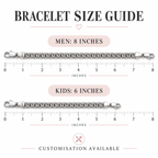 Bracelet size guide showing eight inches for men and six inches for kids
