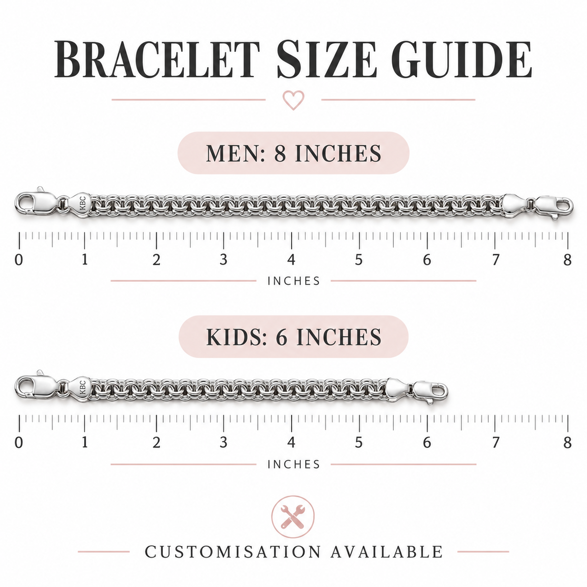 Bracelet size guide showing eight inches for men and six inches for kids
