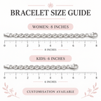 Size guide: Floral bracelet size guide showing eight inches for women and six inches for kids  